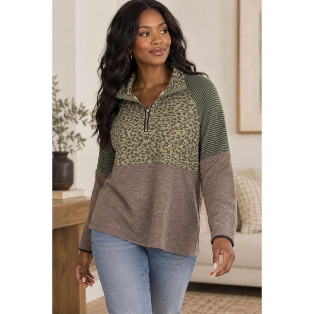 Mystree Boutique Leopard Colorblock Half-Zip Pullover - L